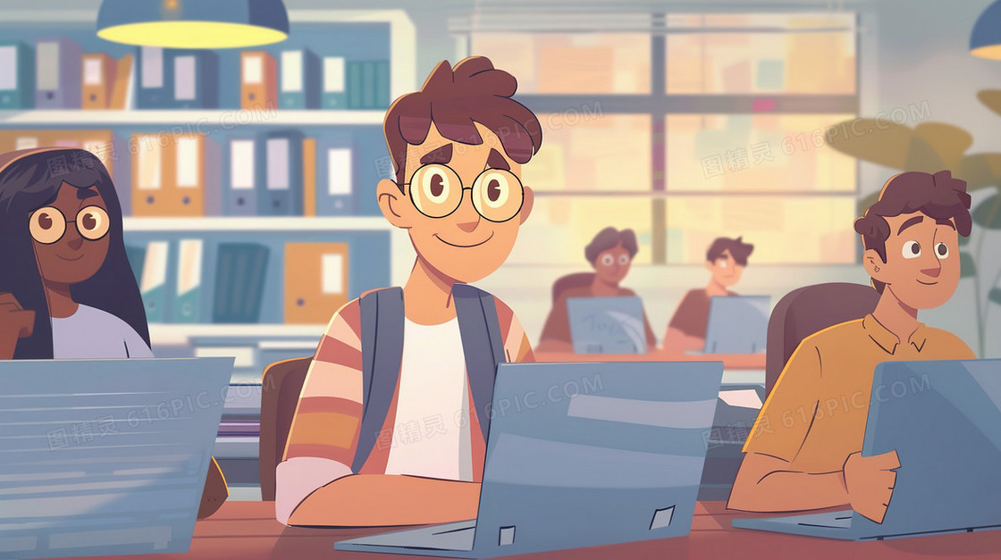 课堂学习的男学生插画