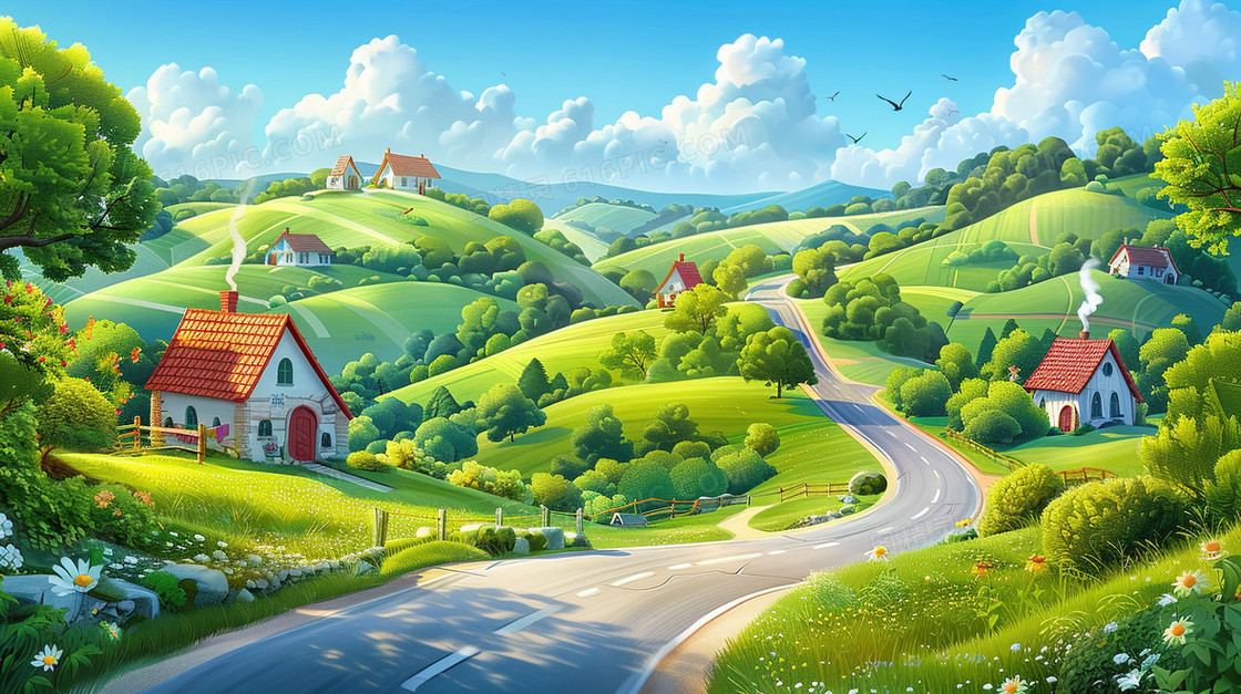 唯美乡村风景插画