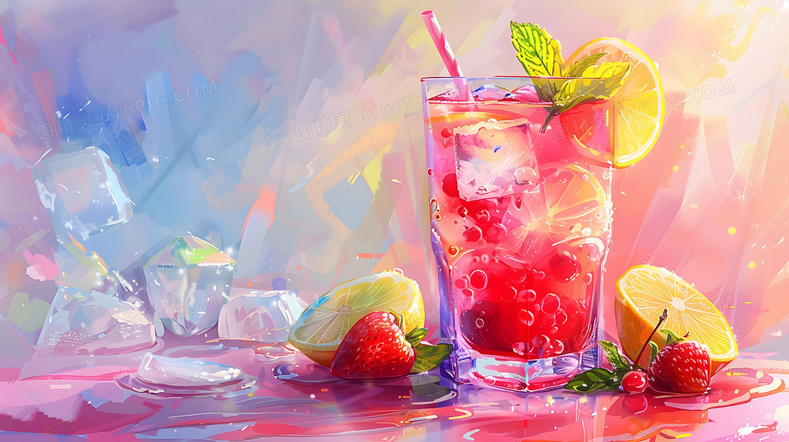 夏天水果果汁饮料清新插画