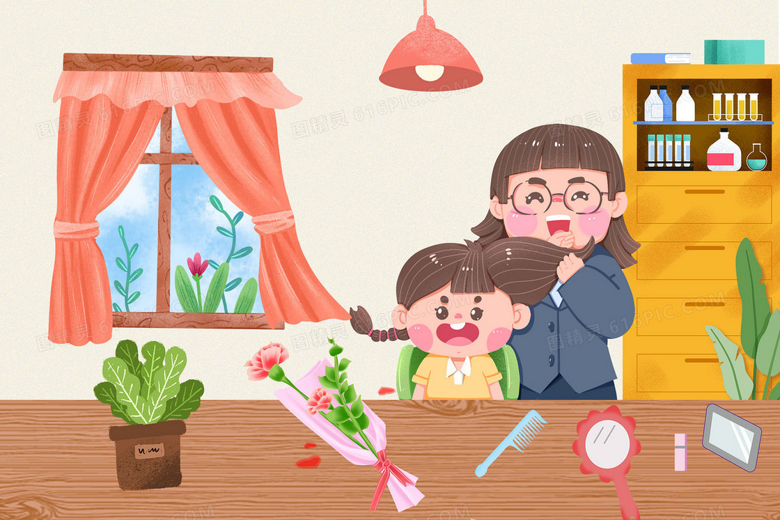 彩色手绘卡通母亲节日母亲给女儿扎头发温馨插画
