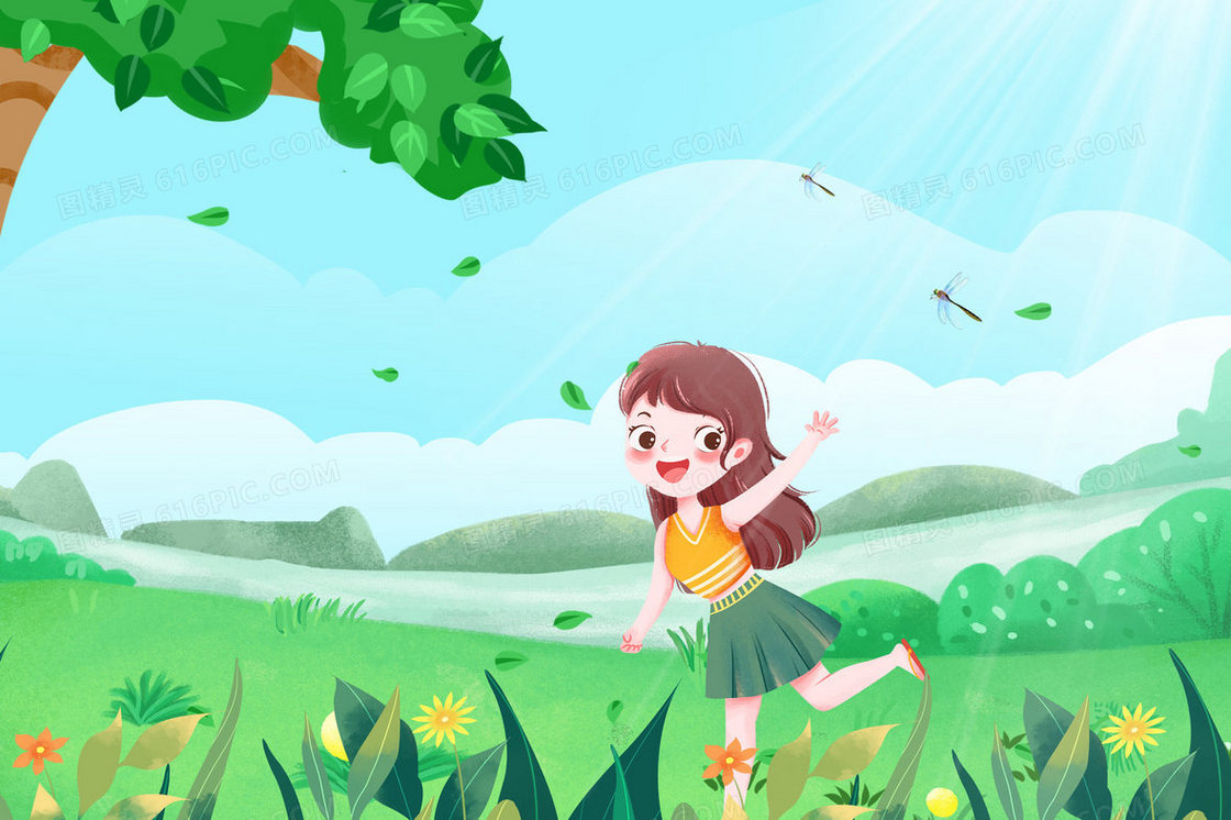 夏天女孩在草坪上手绘插画