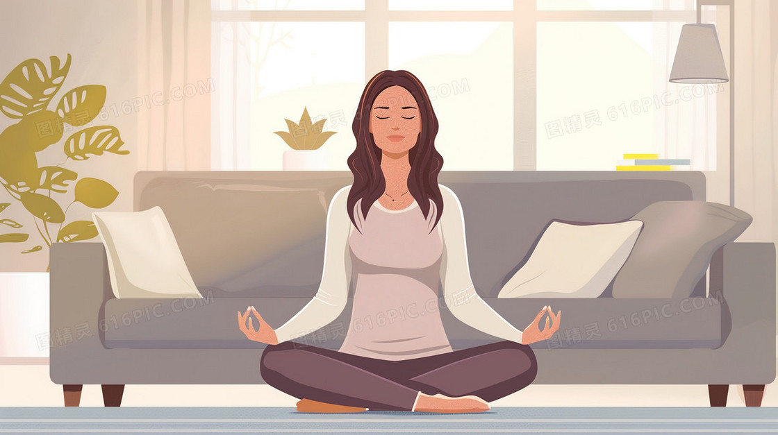 室内瑜伽锻炼的女人插画