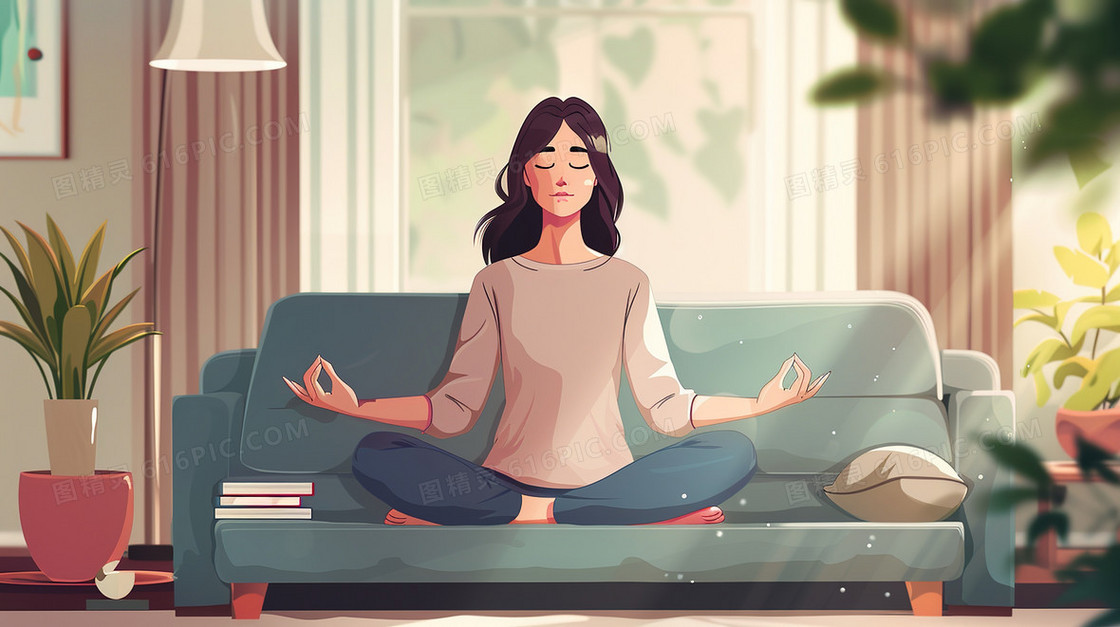 沙发上瑜伽锻炼的女人插画