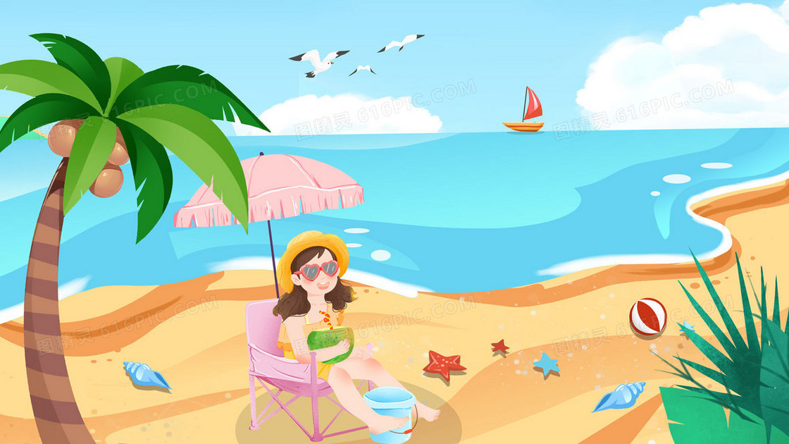 夏天女孩在沙滩上手绘插画
