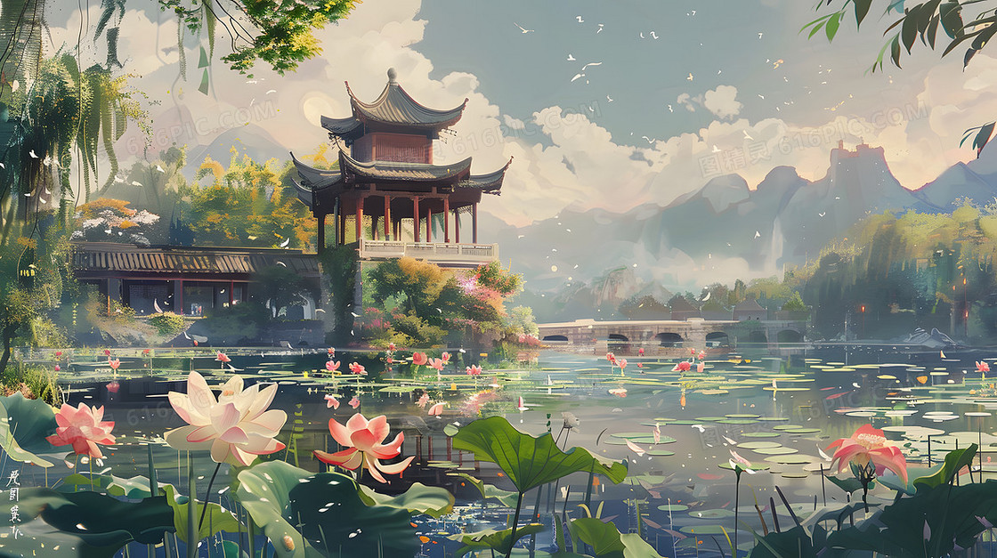 中国风国潮复古夏日景色荷花池塘古亭子夏天风景插画