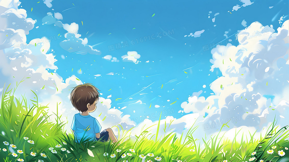 夏日夏天可爱小孩子田野户外风景插画
