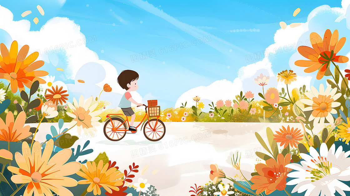 夏日夏天可爱小孩子骑自行车田野户外风景插画
