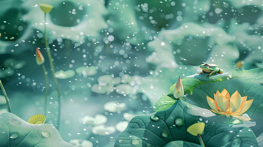 夏天荷塘荷花池塘风景绿色插画