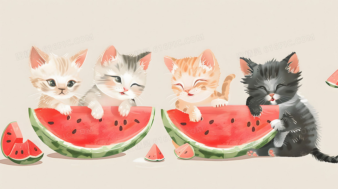 可爱卡通动物夏日吃西瓜手绘风猫咪插画