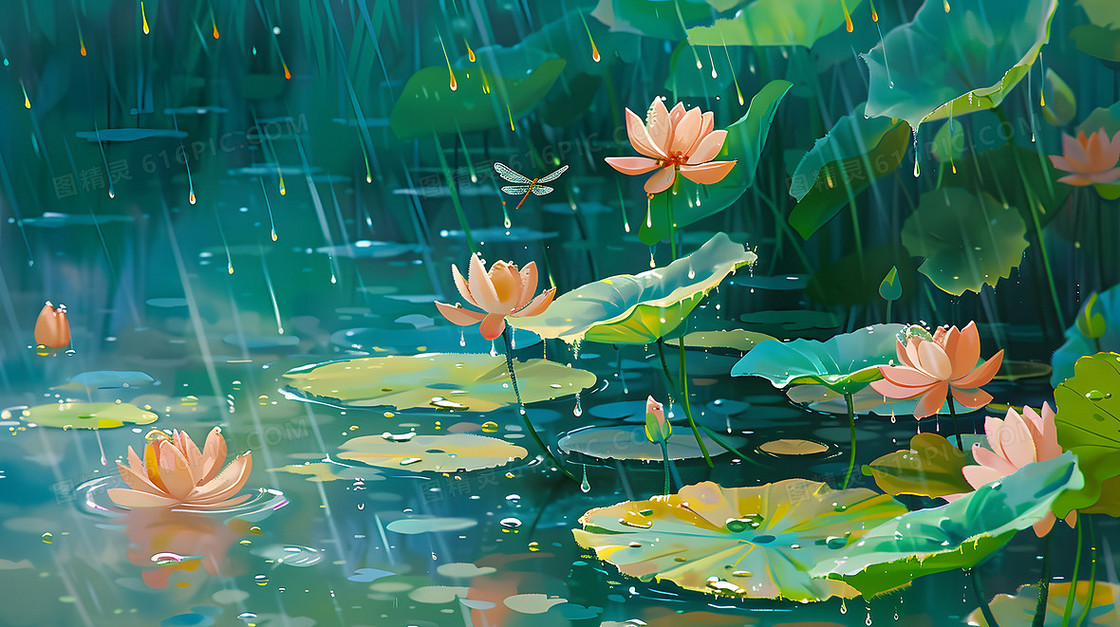 夏天荷塘荷花池塘风景绿色插画