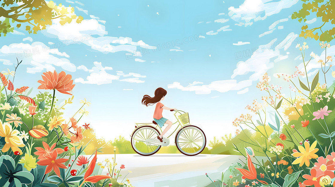夏日夏天可爱小孩子骑自行车田野户外风景插画