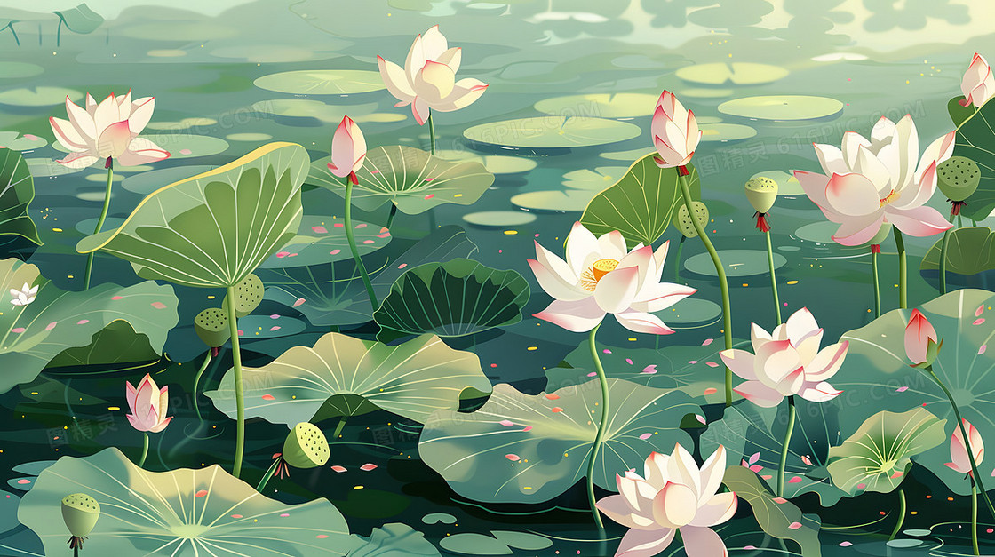 夏天荷塘荷花池塘风景绿色插画