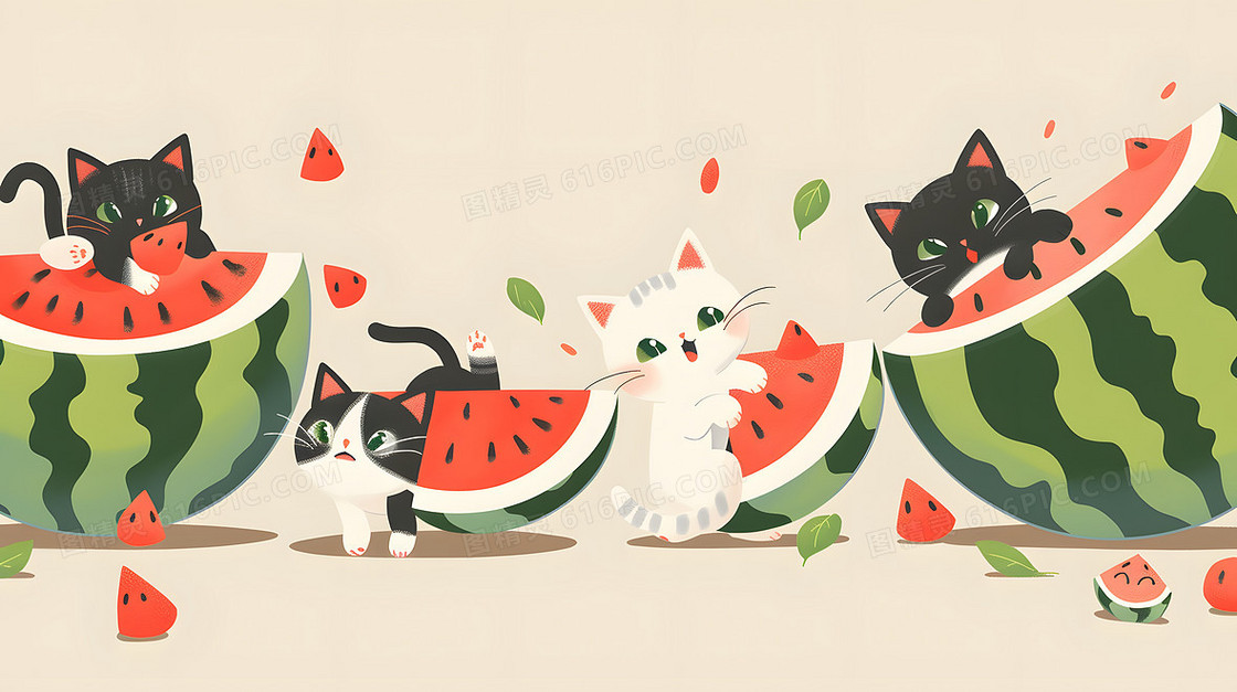 可爱卡通动物夏日吃西瓜手绘风猫咪插画