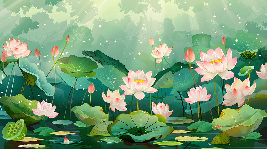 夏天荷塘荷花池塘风景绿色插画