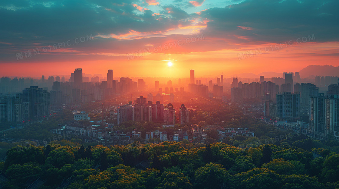 城市晚霞风景治愈唯美插画