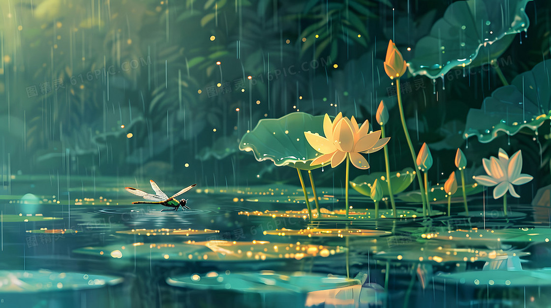 夏天荷塘荷花池塘风景绿色插画