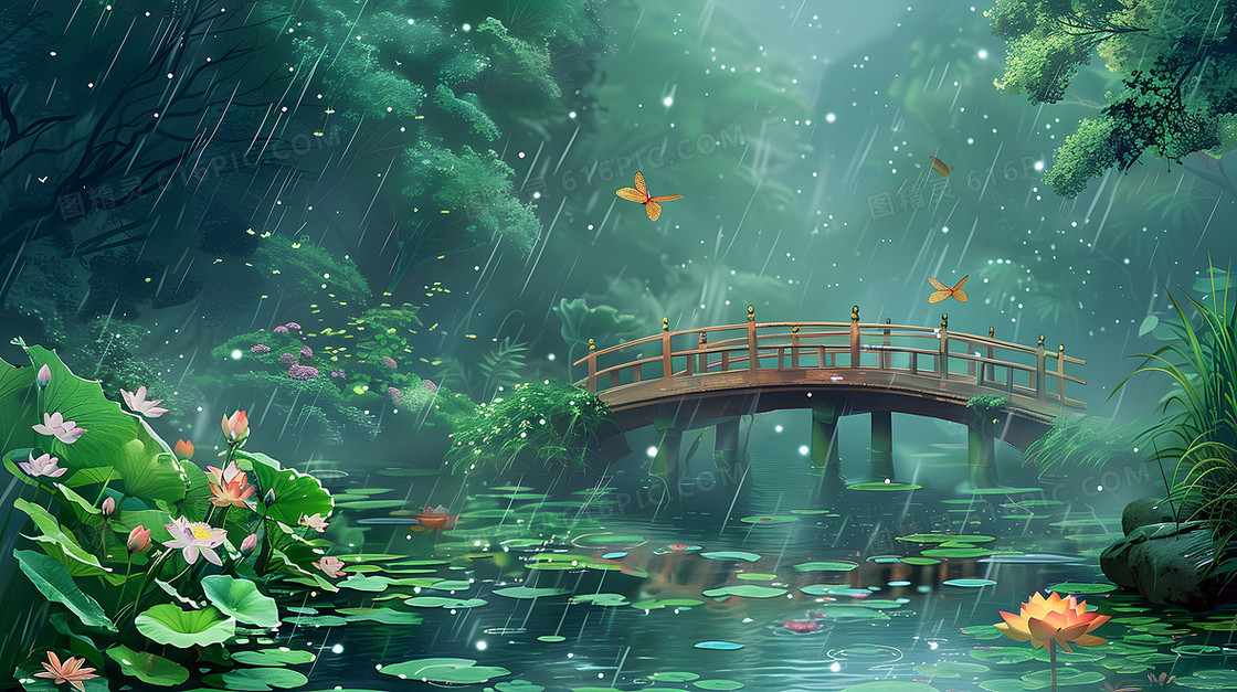 夏天荷塘荷花池塘风景小桥绿色插画