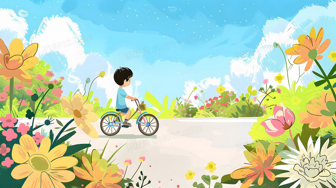 夏日夏天可爱小孩子骑自行车田野户外风景插画