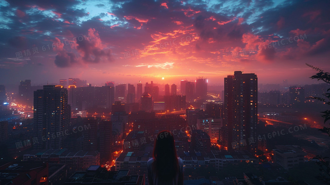 城市晚霞风景治愈唯美插画