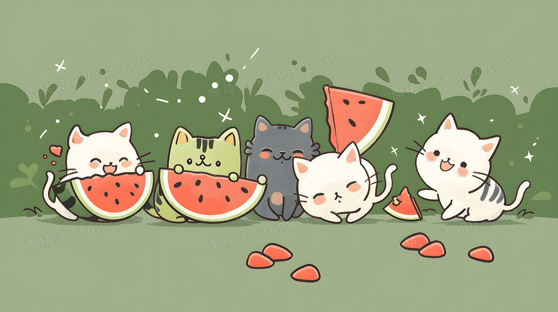 可爱卡通动物夏日吃西瓜手绘风猫咪插画