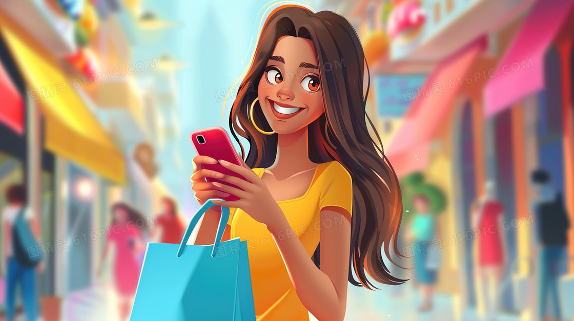 618手机购物的女孩插画