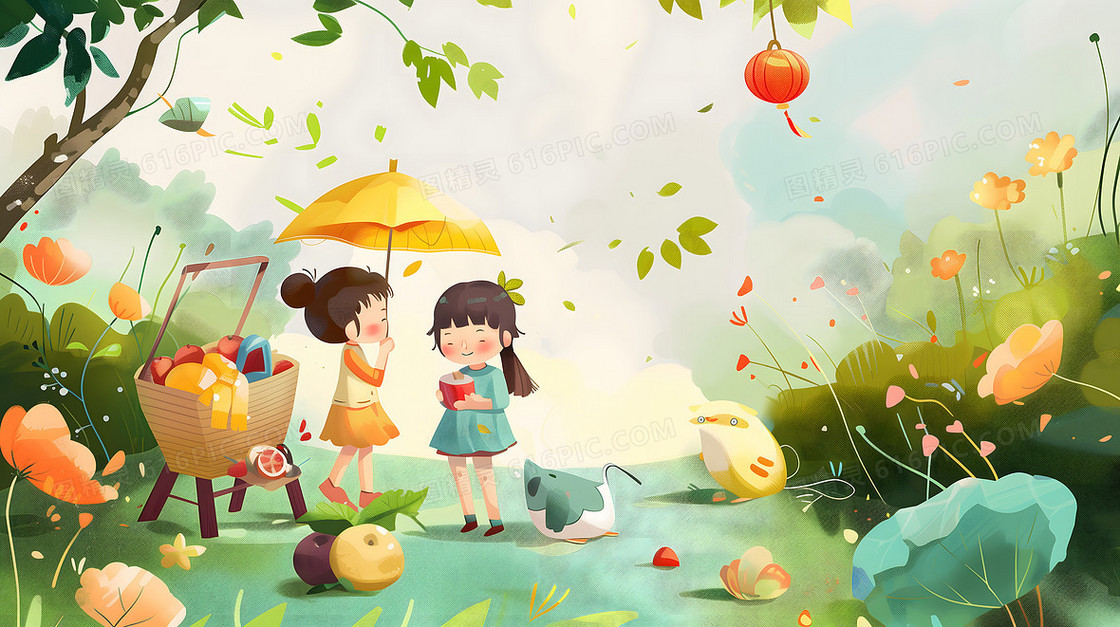 可爱卡通小孩子夏日风景插画