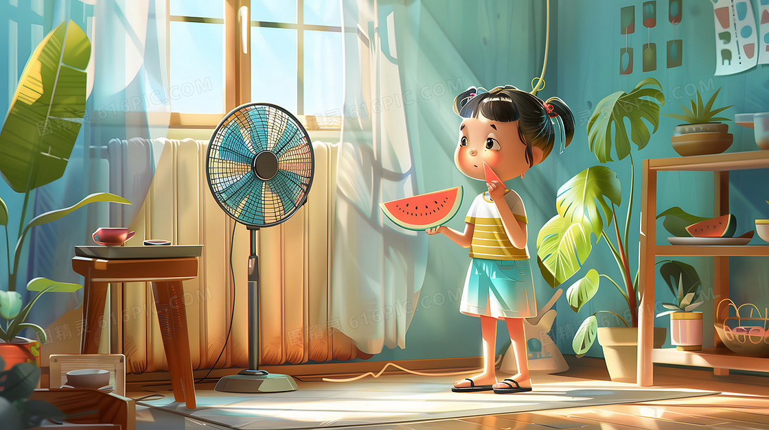夏日小女孩房间家里吃西瓜可爱卡通插画
