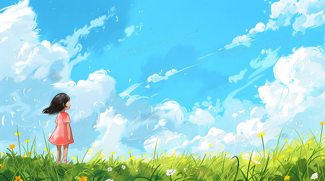 夏日夏天可爱小孩子田野户外风景插画