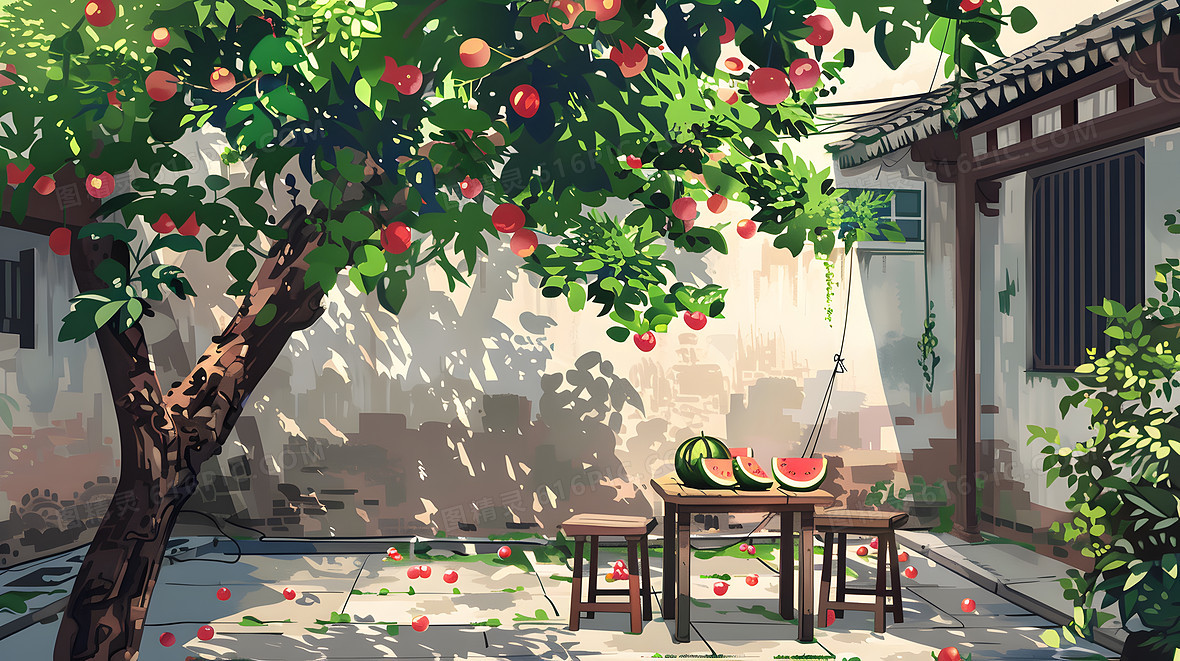 夏天老屋农村夏日户外水果桌椅风景插画背景图片下载_5824x3264像素JPG格式_编号15ofdq35p_图精灵