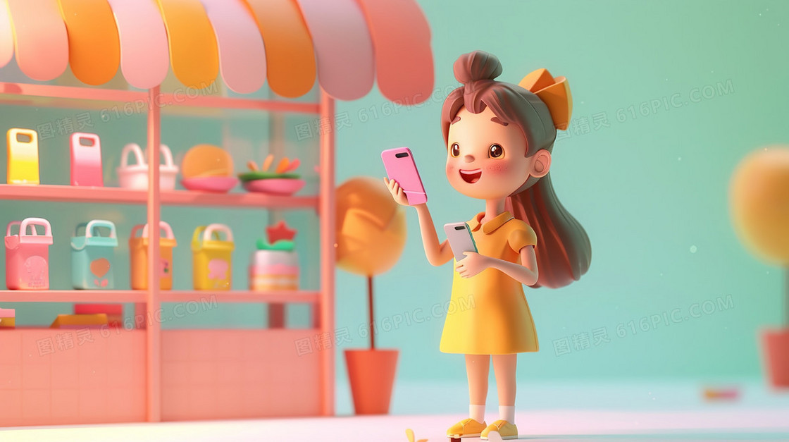 618手机购物的女孩插画