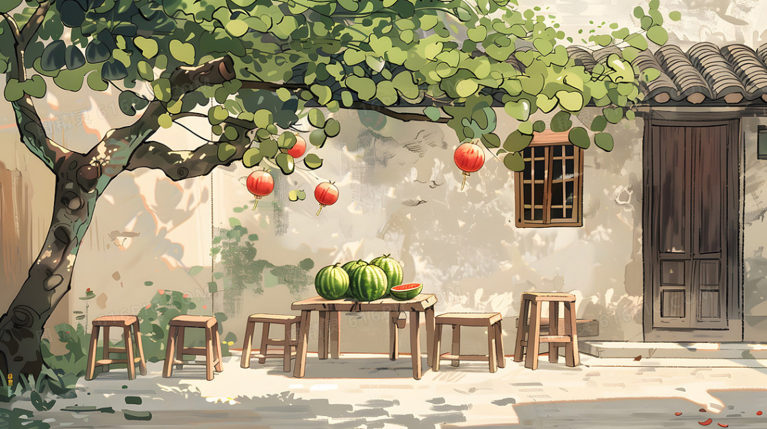 夏天老屋农村夏日户外水果桌椅风景插画背景图片下载_5824x3264像素JPG格式_编号1pyfwe9p5_图精灵