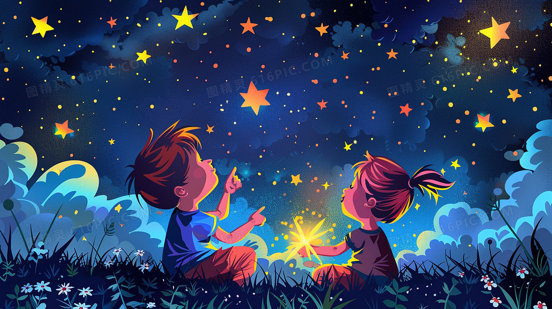 蓝色坐草地数星星的儿童插画