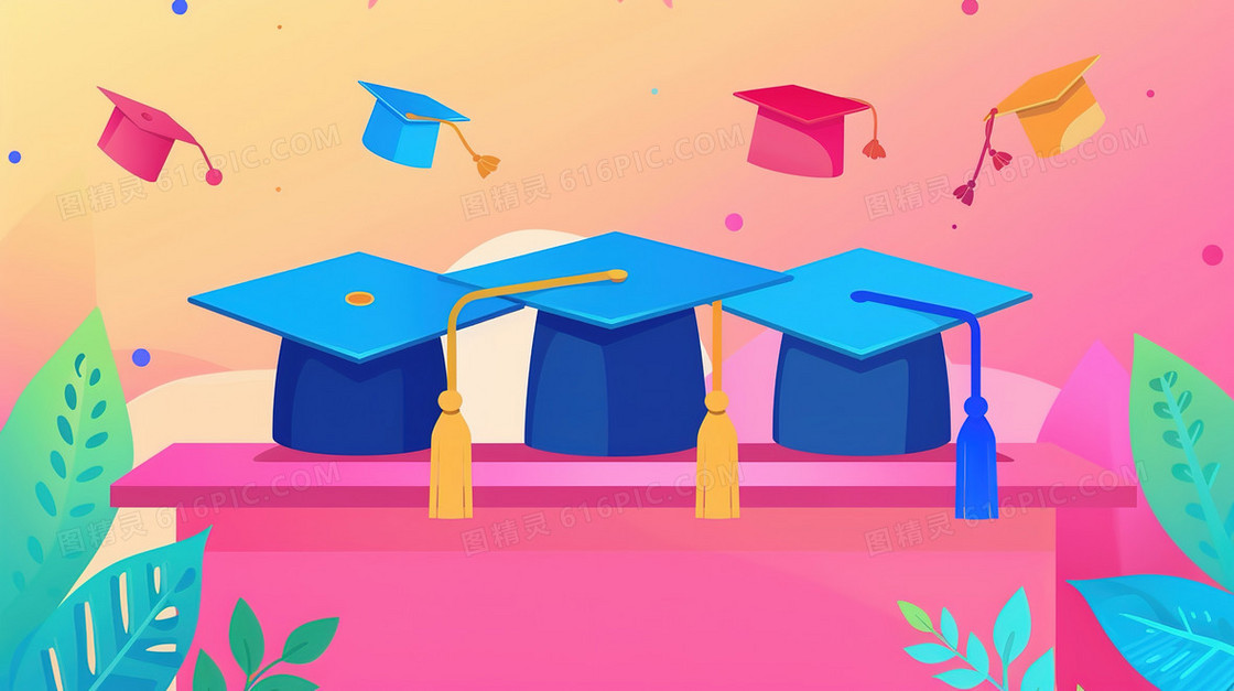 桌面上的毕业学士帽插画