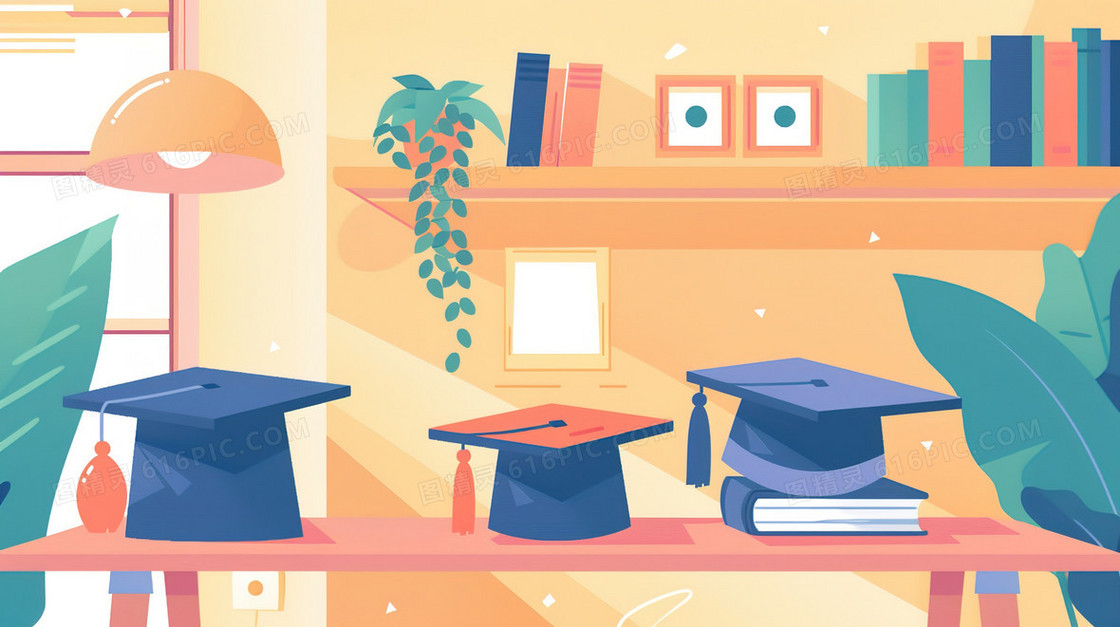 桌面上的毕业学士帽插画