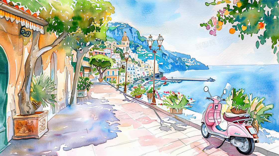 唯美彩色手绘乡村风景插画