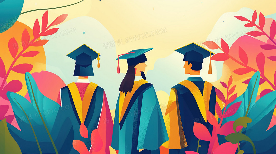 穿着学士服站在植物里的毕业生插画