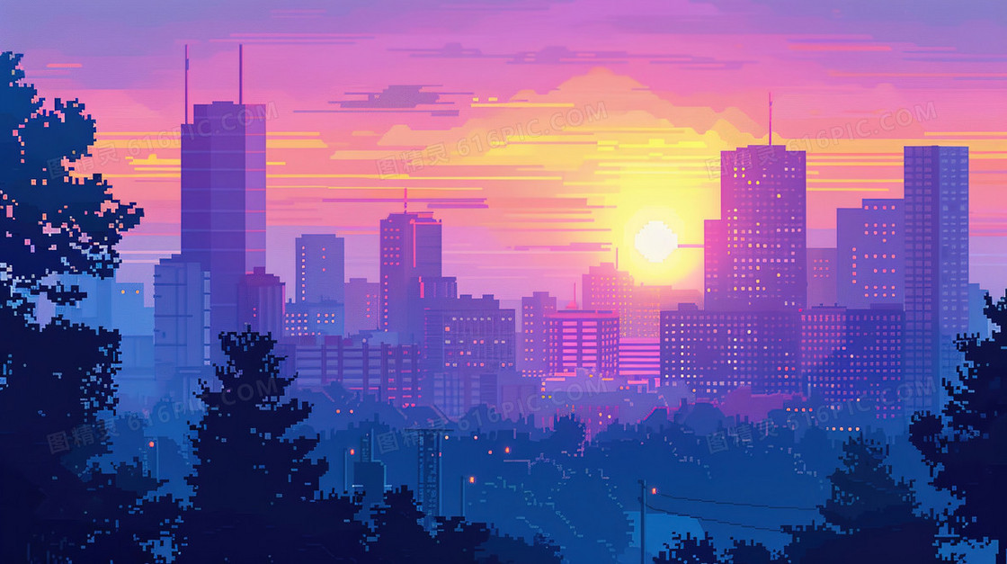 晚霞下的城市建筑插画