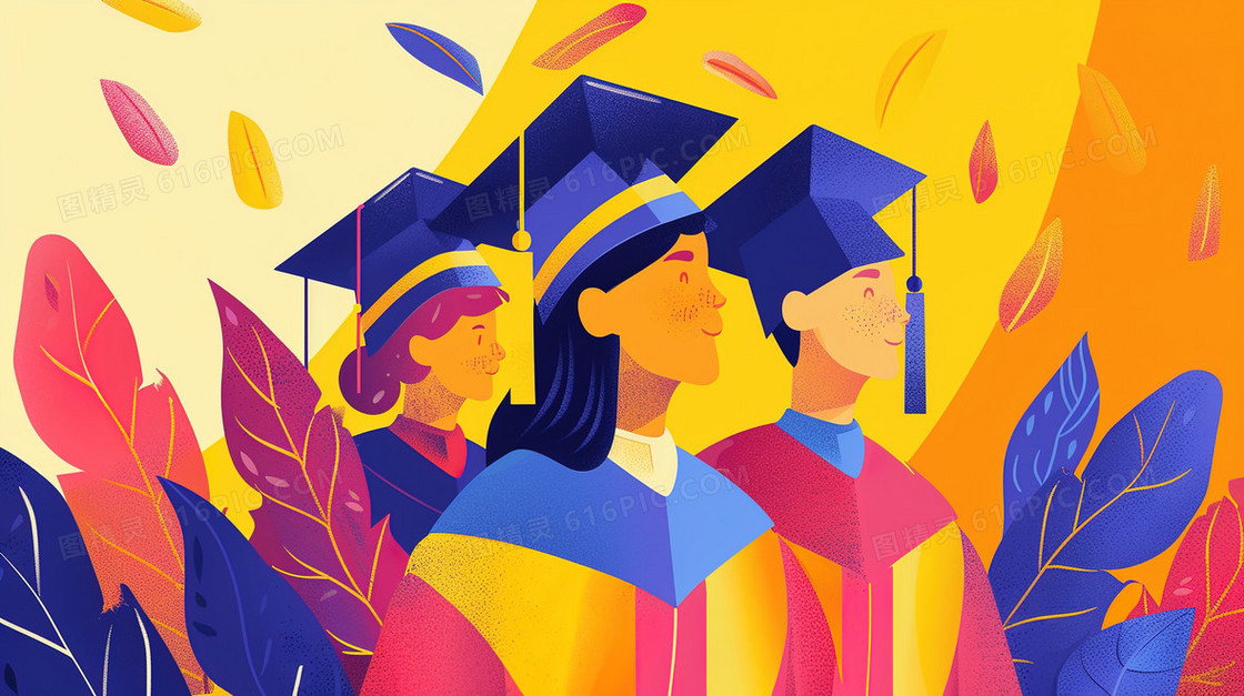 穿着学士服合照的毕业生插画