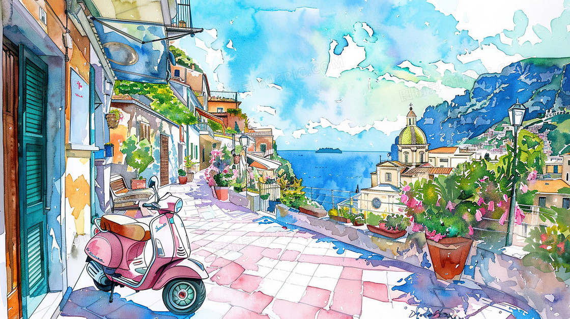 唯美彩色手绘乡村风景插画