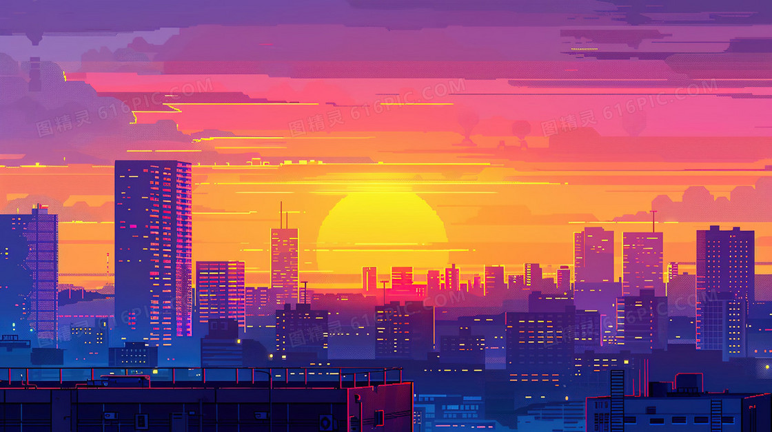 晚霞下的城市建筑插画