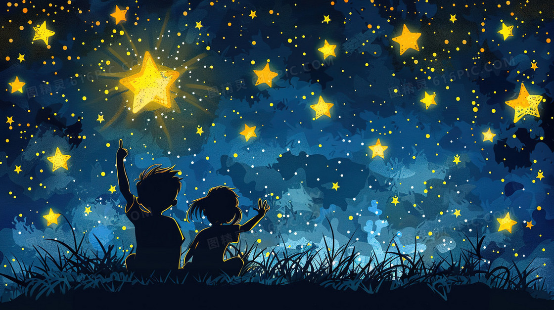 蓝色坐草地数星星的儿童插画