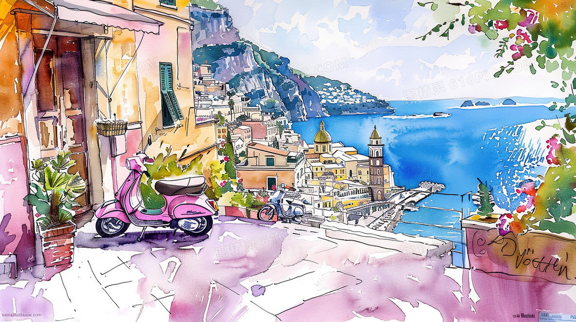 唯美彩色手绘乡村风景插画