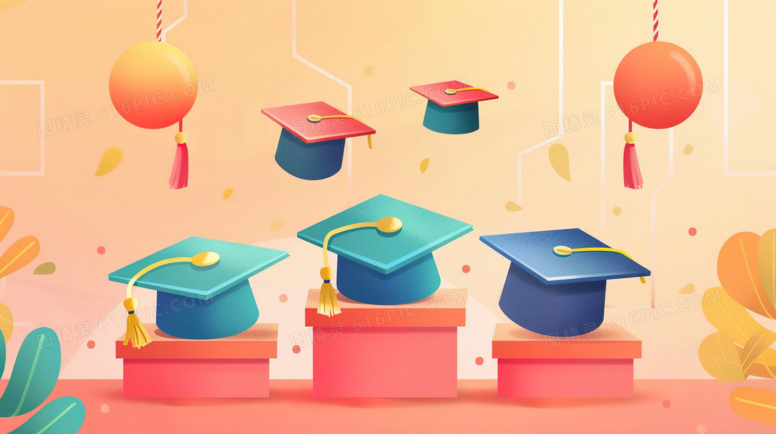 桌面上的毕业学士帽插画