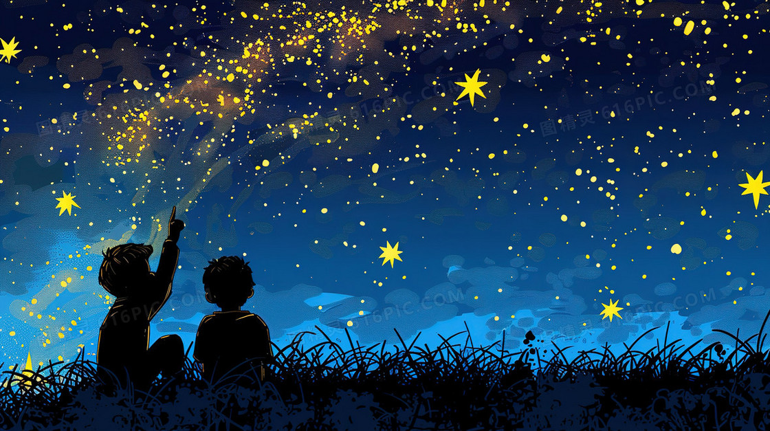 蓝色坐草地数星星的儿童插画