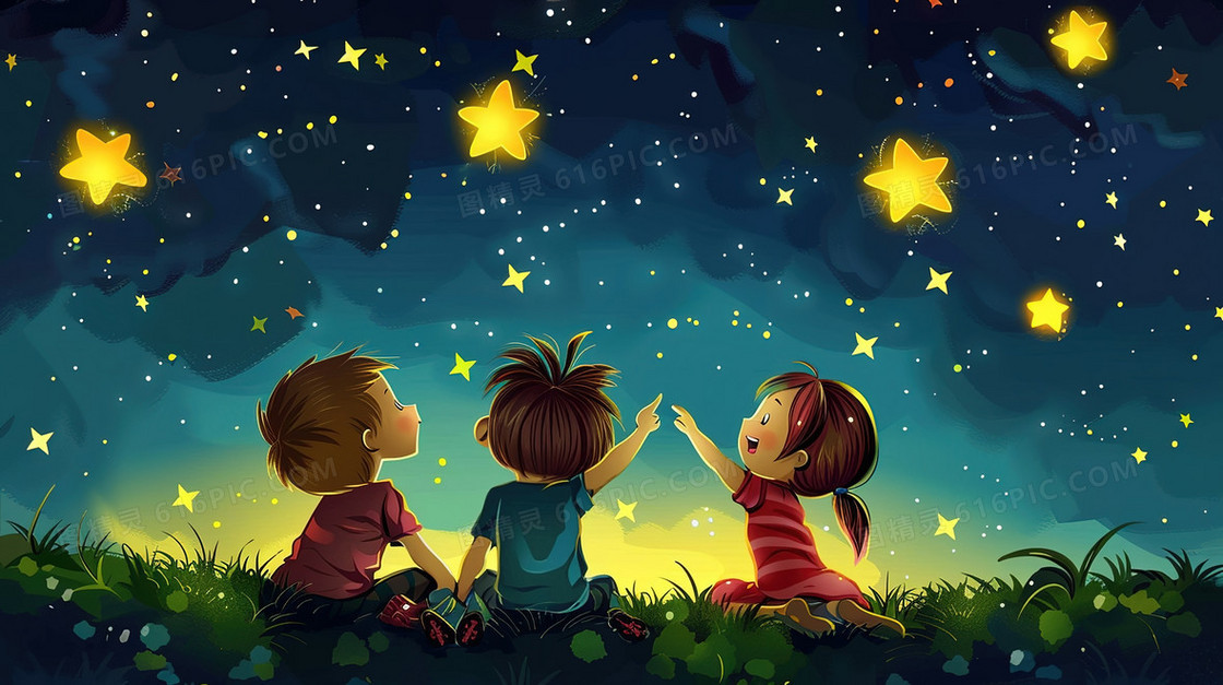 蓝色坐草地数星星的儿童插画