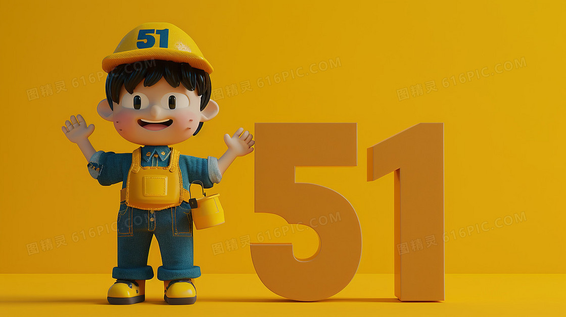 劳动节男孩和51字体艺术字插画