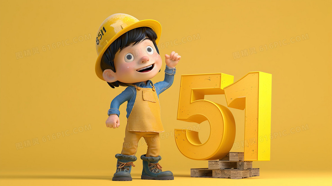 劳动节男孩和51字体艺术字插画