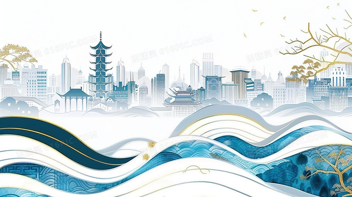 蓝色城市建筑风景插画