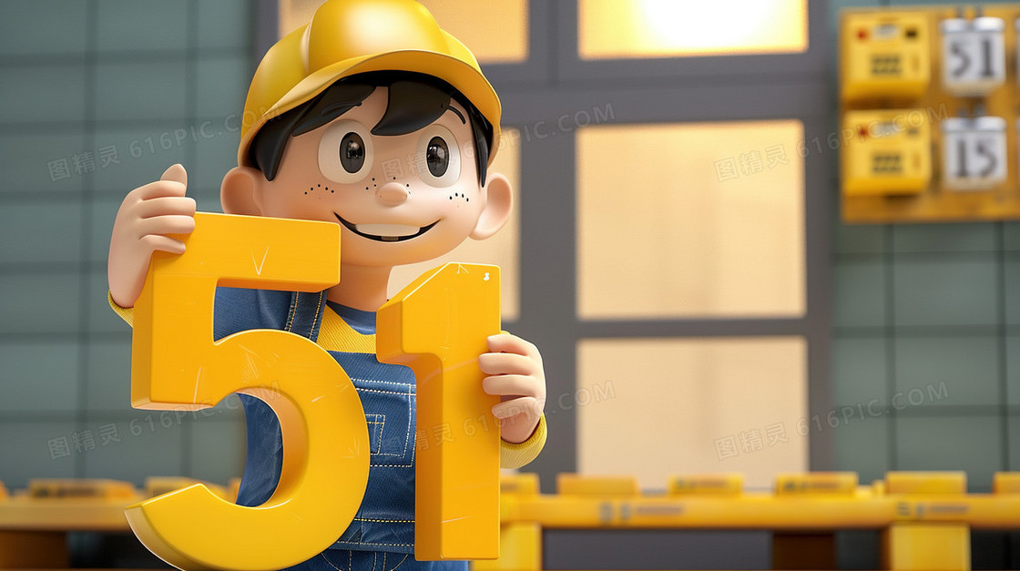 劳动节男孩和51字体艺术字插画