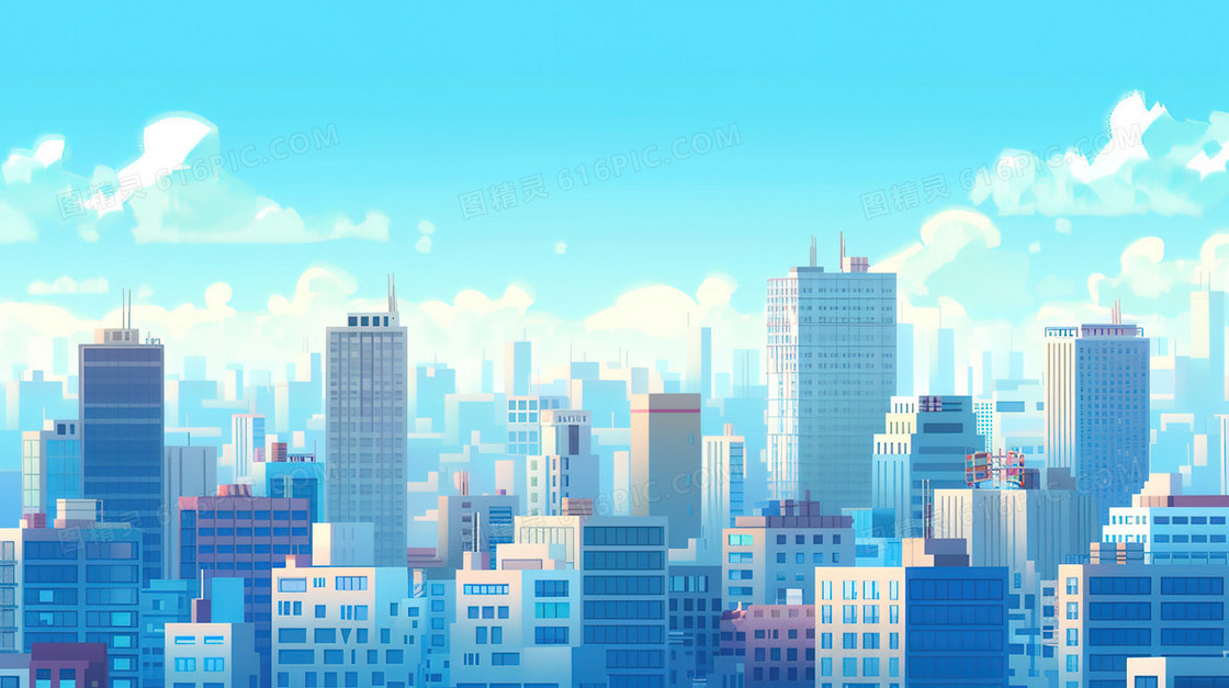 蓝天白云房屋建筑大厦插画